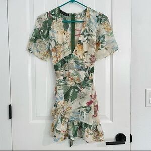 Haute Rouge Tropical Floral Prints Ruffled Skirt Short Sleeves Mini Dress